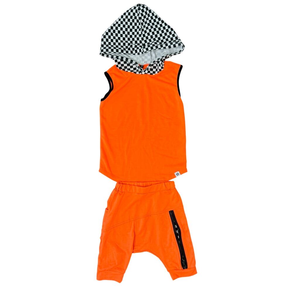 Posh Kiddos x KH Neon Orange Black & White Checkered Biker Outfit Set Size 5T